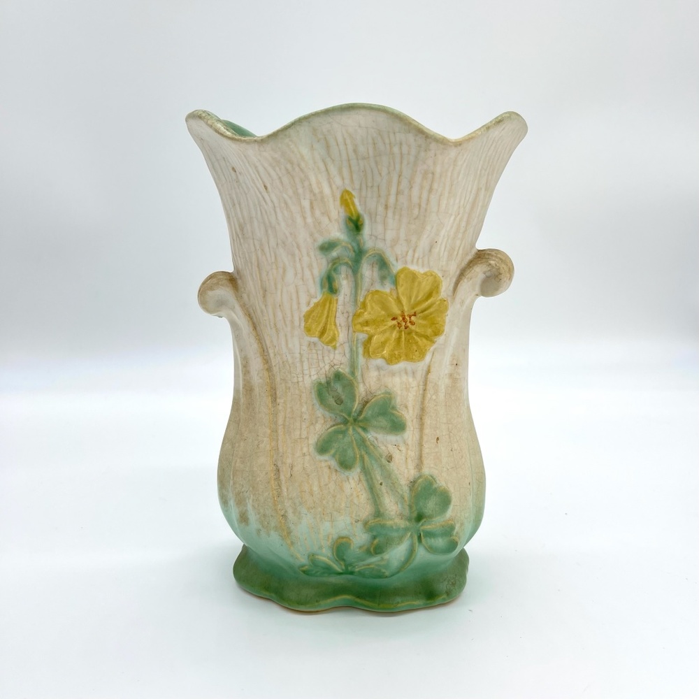 VIntage Weller Pottery Roba 2 Handled Vase Green White Yellow Flowers 8”